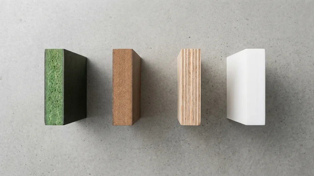 Sơ đồ minh họa nguyên lý cấu tạo và thông số kỹ thuật So Sánh Cốt Ván MDF, HDF, Plywood Và Nhựa Picomat Trong Kết Cấu Tủ Bếp Chịu Ẩm